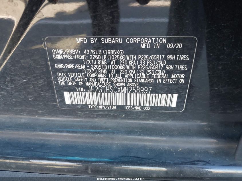 2021 Subaru Crosstrek Sport VIN: JF2GTHSCXMH258997 Lot: 43962002