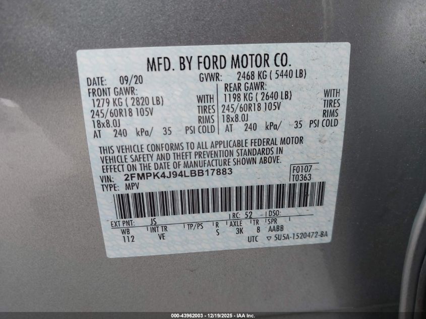 2020 Ford Edge Sel VIN: 2FMPK4J94LBB17883 Lot: 43962003