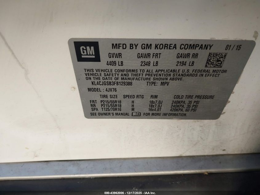 2015 Buick Encore Leather VIN: KL4CJGSB3FB129388 Lot: 43962006