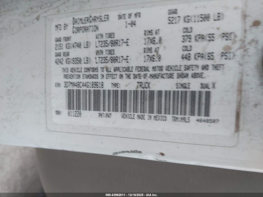 2004 Dodge Ram 3500 Slt/Laramie VIN: 3D7MA48C44G189618 Lot: 43962011