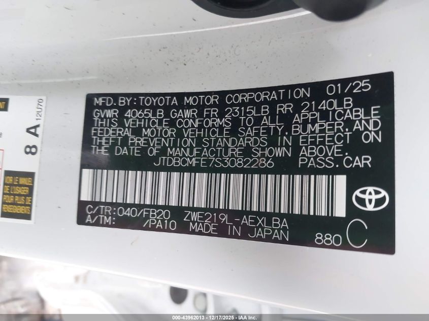 2025 Toyota Corolla Hybrid Le VIN: JTDBCMFE7S3082286 Lot: 43962013