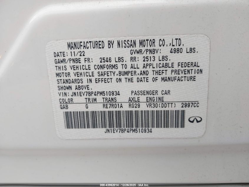 2023 Infiniti Q50 Luxe VIN: JN1EV7BP4PM510934 Lot: 43962014