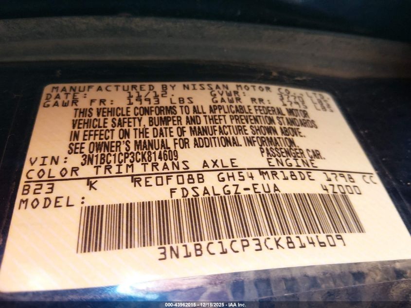 2012 Nissan Versa 1.8 Sl VIN: 3N1BC1CP3CK814609 Lot: 43962015