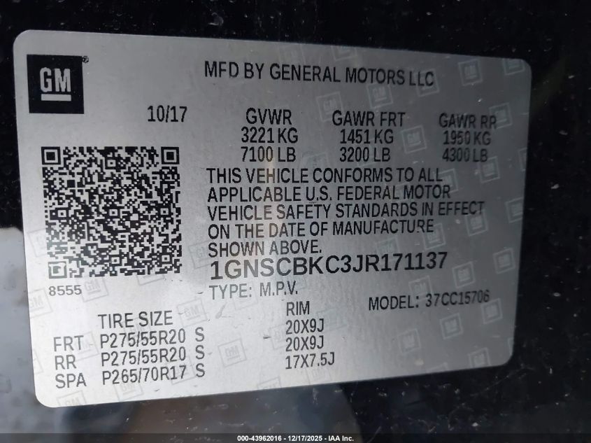2018 Chevrolet Tahoe Lt VIN: 1GNSCBKC3JR171137 Lot: 43962016