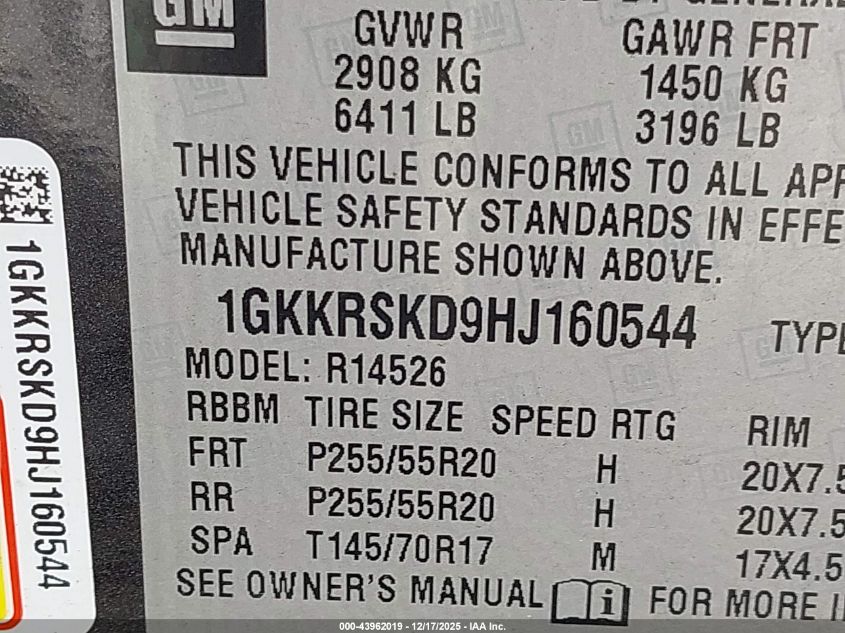 2017 GMC Acadia Limited VIN: 1GKKRSKD9HJ160544 Lot: 43962019