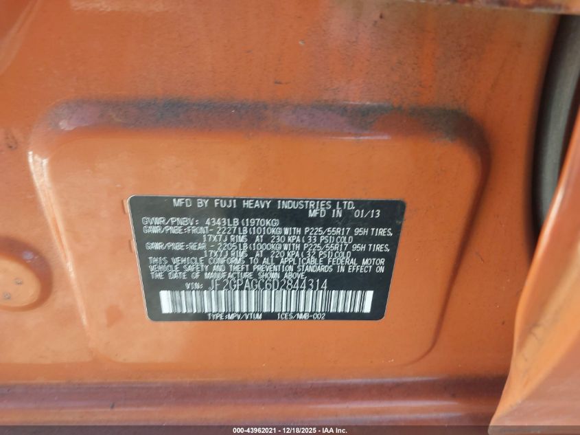 2013 Subaru Xv Crosstrek 2.0I Limited VIN: JF2GPAGC6D2844314 Lot: 43962021