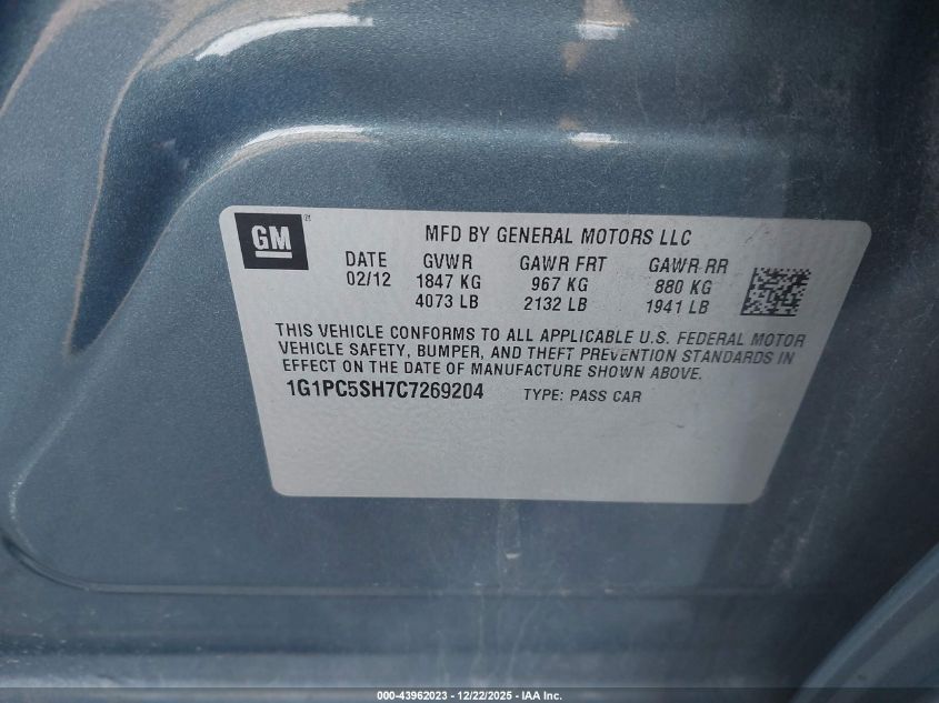 2012 Chevrolet Cruze Ls VIN: 1G1PC5SH7C7269204 Lot: 43962023