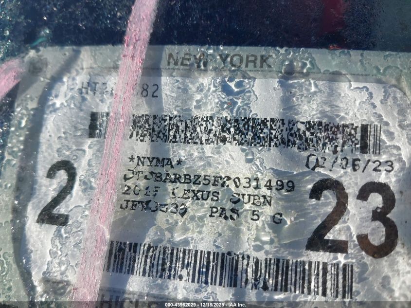 2015 Lexus Nx 200T F Sport VIN: JTJBARBZ5F2031499 Lot: 43962029