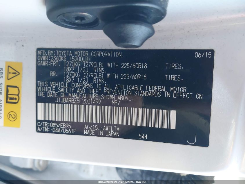 2015 Lexus Nx 200T F Sport VIN: JTJBARBZ5F2031499 Lot: 43962029