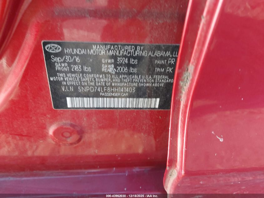 2017 Hyundai Elantra Se VIN: 5NPD74LF8HH141403 Lot: 43962030
