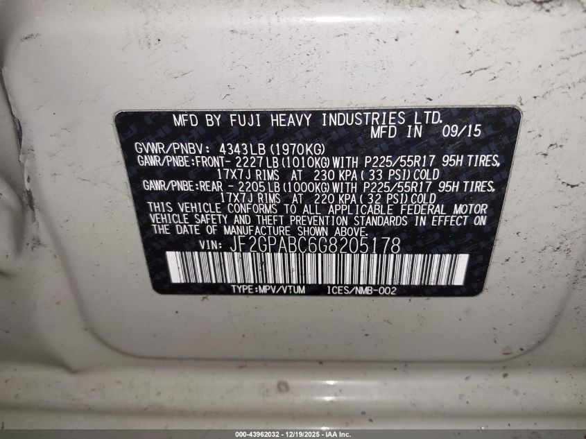 2016 Subaru Crosstrek 2.0I Premium VIN: JF2GPABC6G8205178 Lot: 43962032