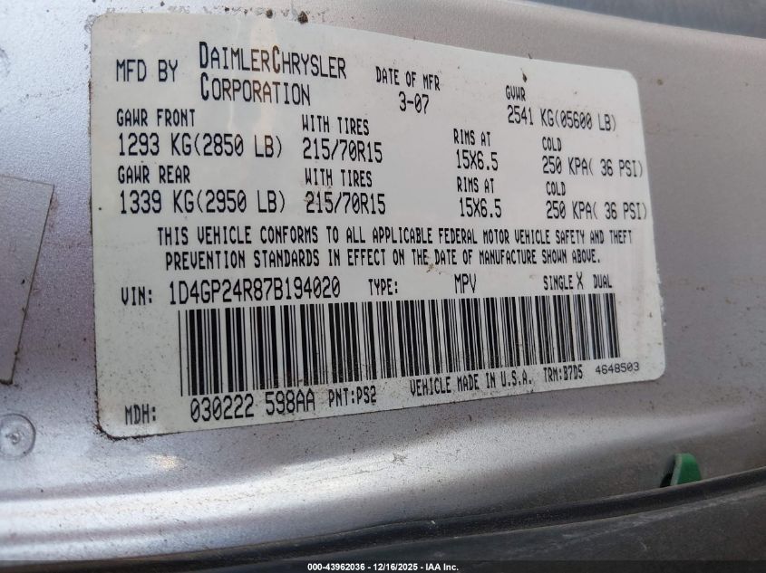 2007 Dodge Grand Caravan Se VIN: 1D4GP24R87B194020 Lot: 43962036