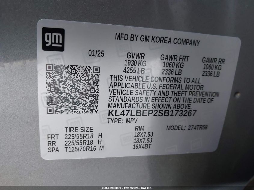 2025 Buick Envista Sport Touring Fwd VIN: KL47LBEP2SB173267 Lot: 43962039