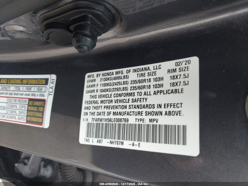 2020 Honda Cr-V 2Wd Ex VIN: 7FARW1H56LE008769 Lot: 43962040