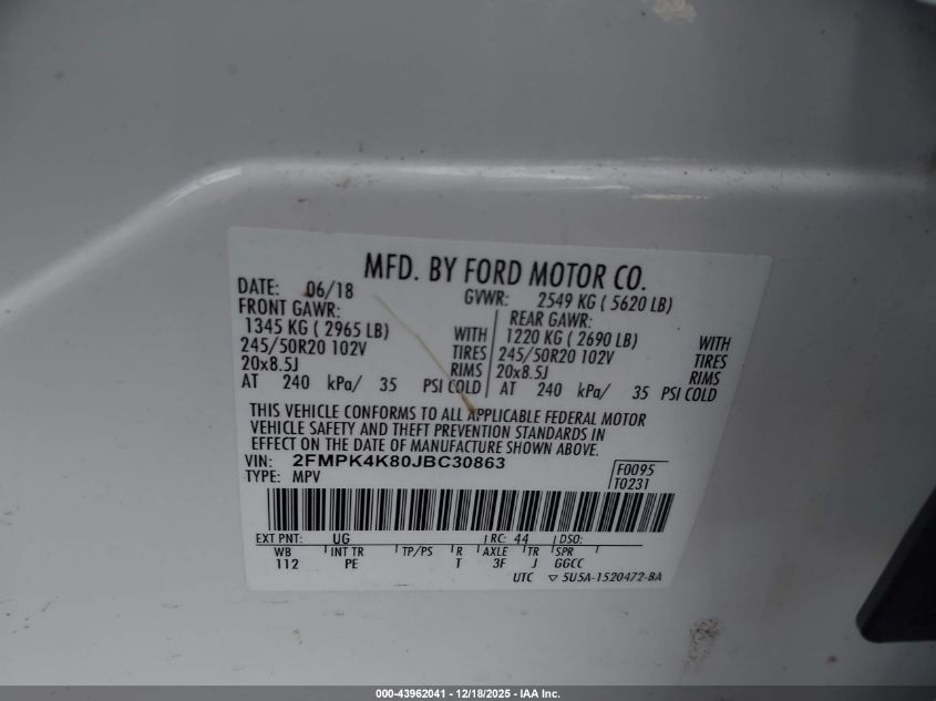 2018 Ford Edge Titanium VIN: 2FMPK4K80JBC30863 Lot: 43962041