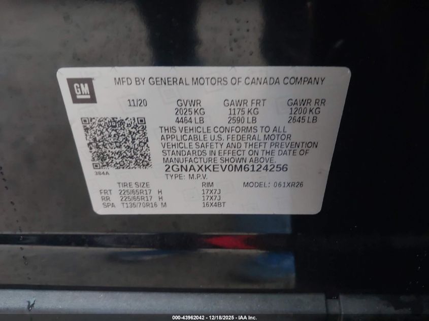 2021 Chevrolet Equinox Fwd Lt VIN: 2GNAXKEV0M6124256 Lot: 43962042