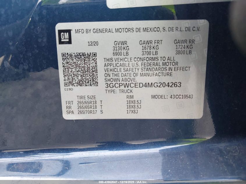 2021 Chevrolet Silverado 1500 2Wd Short Bed Lt VIN: 3GCPWCED4MG204263 Lot: 43962047