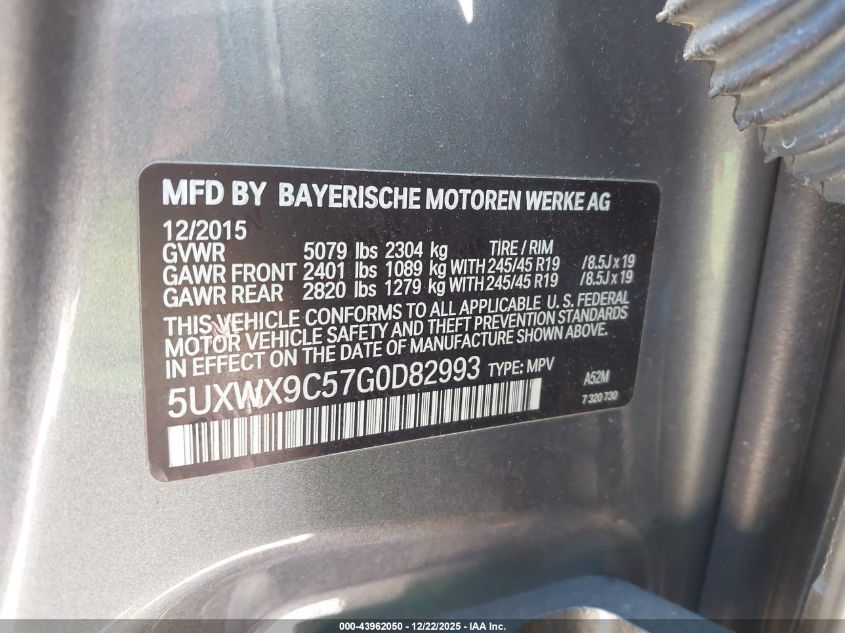 2016 BMW X3 xDrive28I VIN: 5UXWX9C57G0D82993 Lot: 43962050