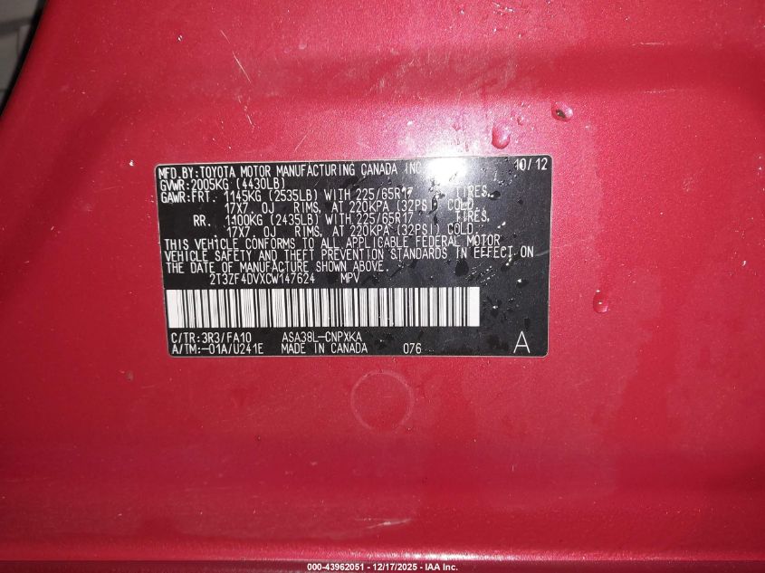 2012 Toyota Rav4 VIN: 2T3ZF4DVXCW147624 Lot: 43962051