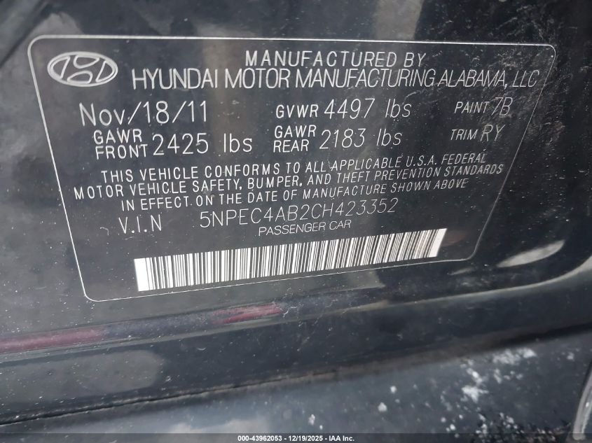 2012 Hyundai Sonata Se 2.0T VIN: 5NPEC4AB2CH423352 Lot: 43962053