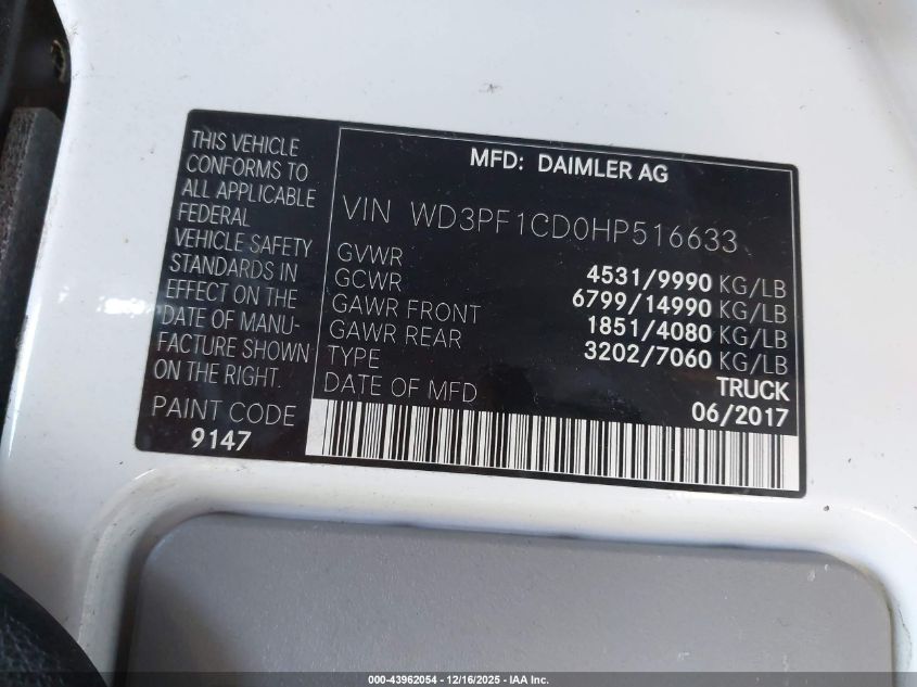 2017 Mercedes-Benz Sprinter 3500 High Roof V6 VIN: WD3PF1CD0HP516633 Lot: 43962054