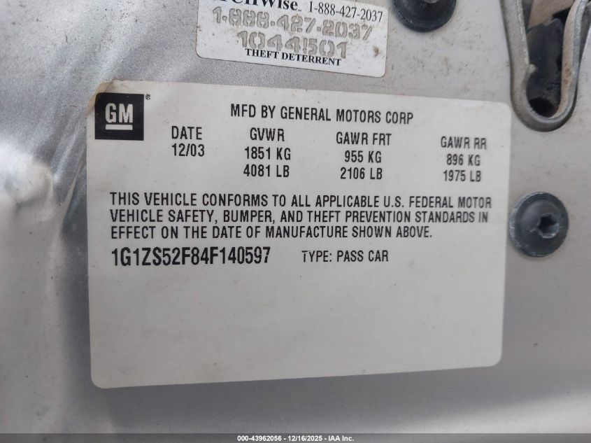 2004 Chevrolet Malibu VIN: 1G1ZS52F84F140597 Lot: 43962056