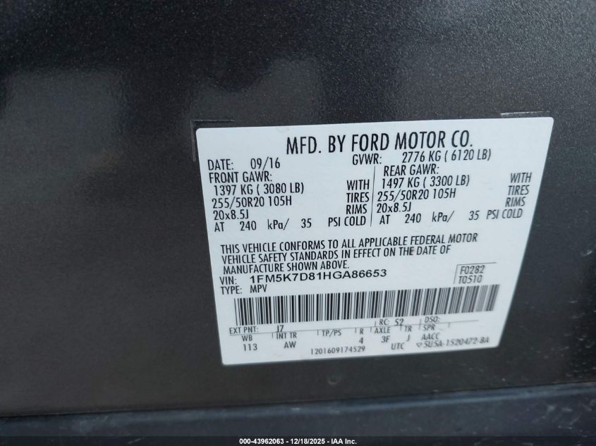 2017 Ford Explorer Xlt VIN: 1FM5K7D81HGA86653 Lot: 43962063