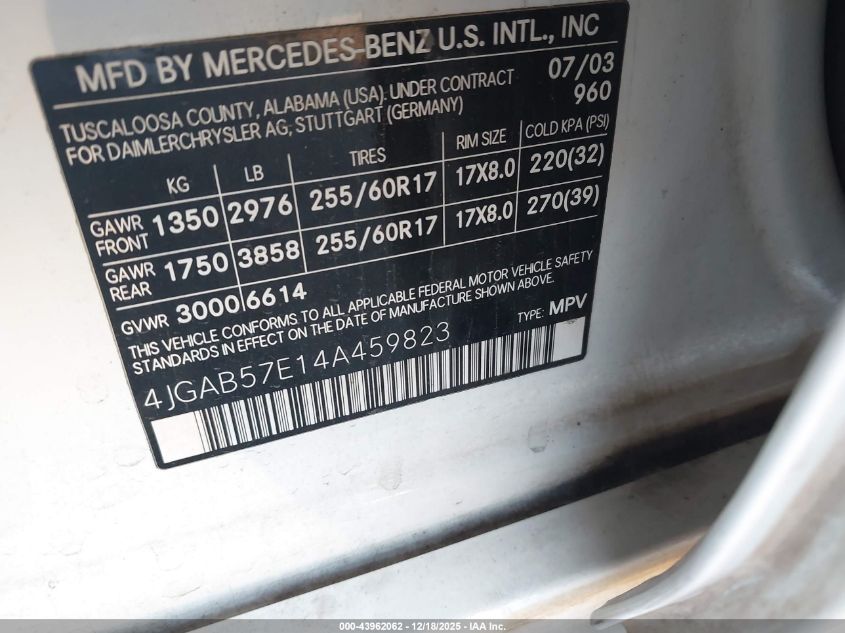 2004 Mercedes-Benz Ml 350 4Matic VIN: 4JGAB57E14A459823 Lot: 43962062