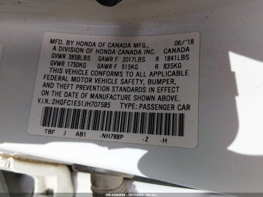 2018 Honda Civic Si VIN: 2HGFC1E51JH707585 Lot: 43962064