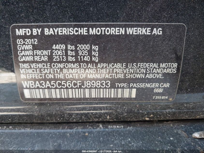 2012 BMW 328I VIN: WBA3A5C56CFJ89833 Lot: 43962067