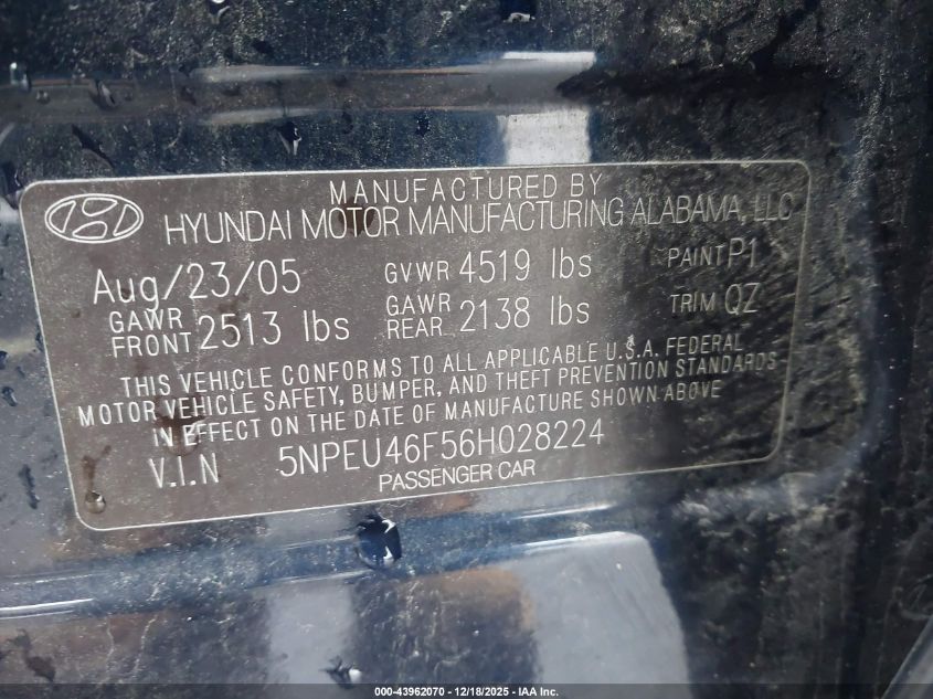 2006 Hyundai Sonata Gls V6/Lx V6 VIN: 5NPEU46F56H028224 Lot: 43962070