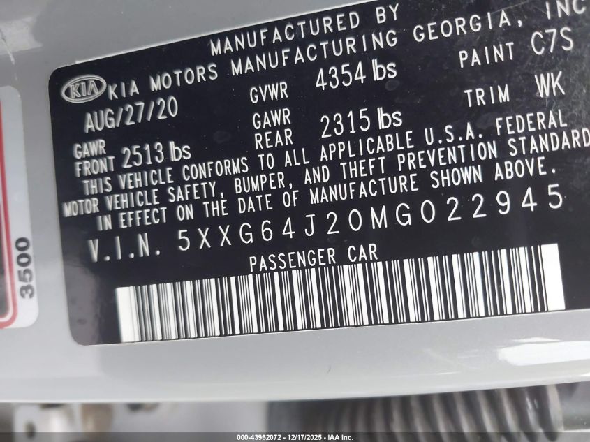 2021 Kia K5 Gt-Line VIN: 5XXG64J20MG022945 Lot: 43962072
