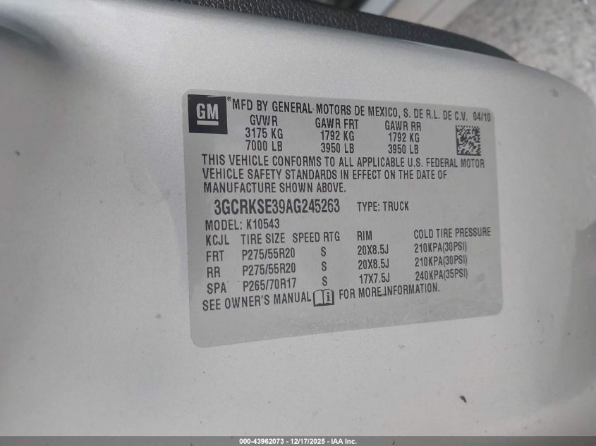 2010 Chevrolet Silverado 1500 Lt VIN: 3GCRKSE39AG245263 Lot: 43962073