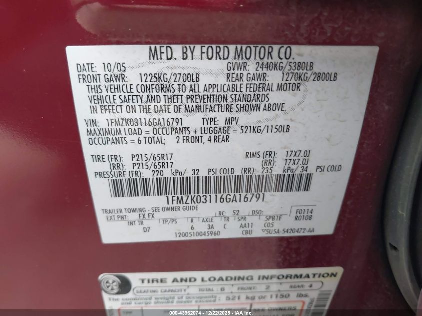 2006 Ford Freestyle Limited VIN: 1FMZK03116GA16791 Lot: 43962074