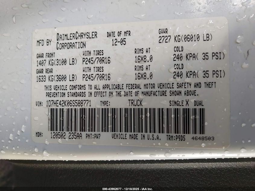2006 Dodge Dakota Slt VIN: 1D7HE42K06S588771 Lot: 43962077