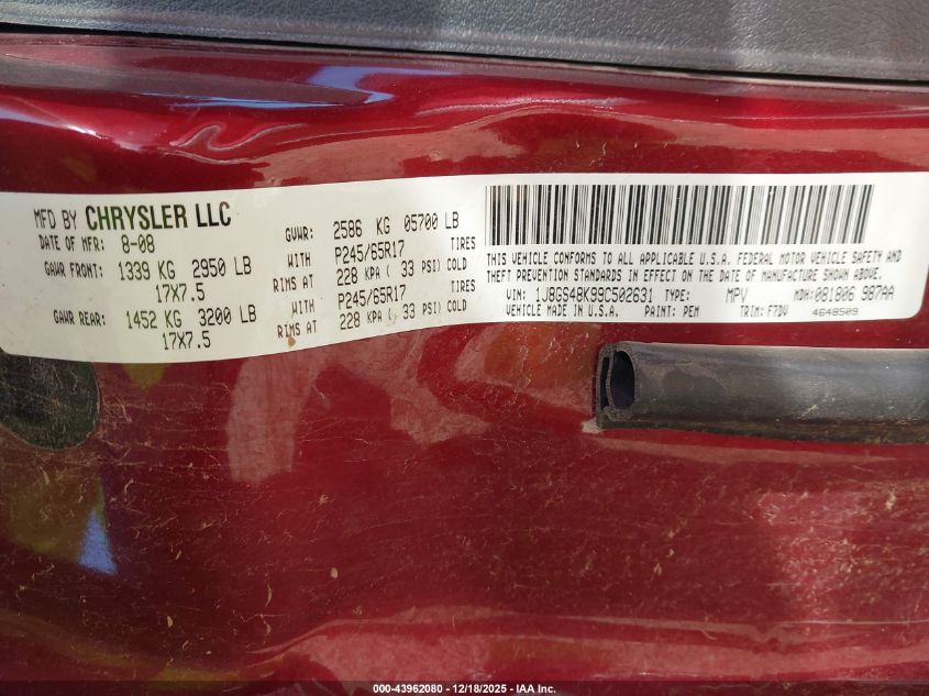 2009 Jeep Grand Cherokee Laredo VIN: 1J8GS48K99C502631 Lot: 43962080