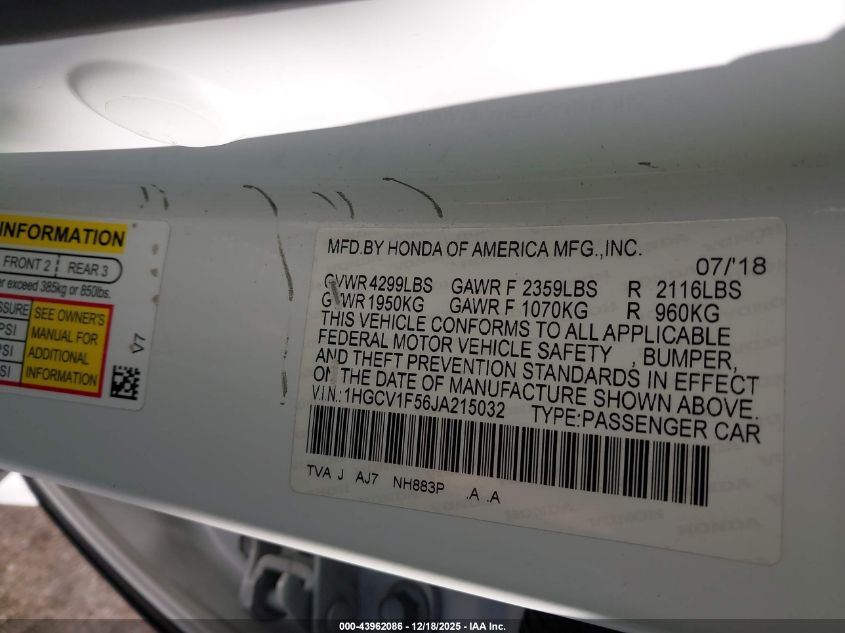 2018 Honda Accord Ex-L VIN: 1HGCV1F56JA215032 Lot: 43962086