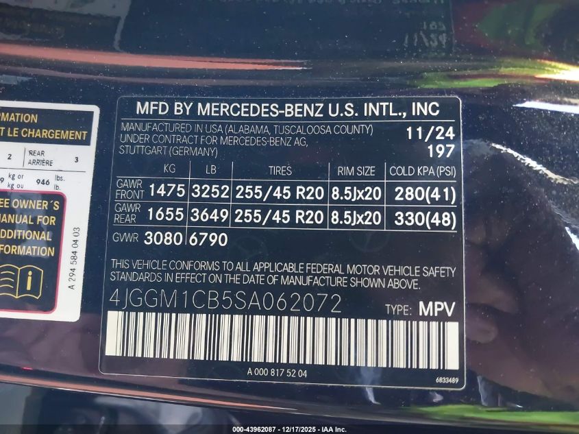 2025 Mercedes-Benz Eqe 350 Suv 4Matic VIN: 4JGGM1CB5SA062072 Lot: 43962087