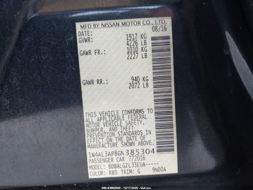 2016 Nissan Altima 2.5 S VIN: 1N4AL3AP8GN385304 Lot: 43962088