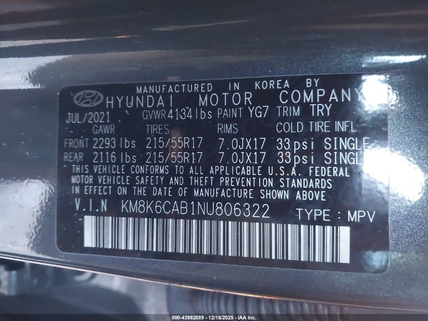 2022 Hyundai Kona Sel VIN: KM8K6CAB1NU806322 Lot: 43962089