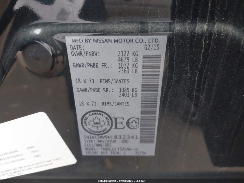 2015 Nissan Rogue S/Sl/Sv VIN: 5N1AT2MV9FC832341 Lot: 43962091