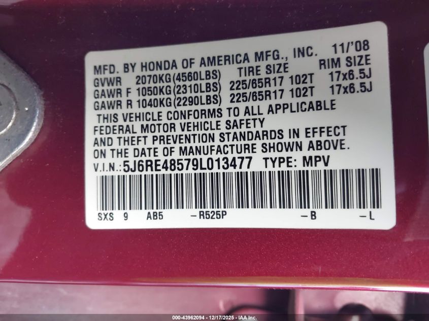 2009 Honda Cr-V Ex VIN: 5J6RE48579L013477 Lot: 43962094