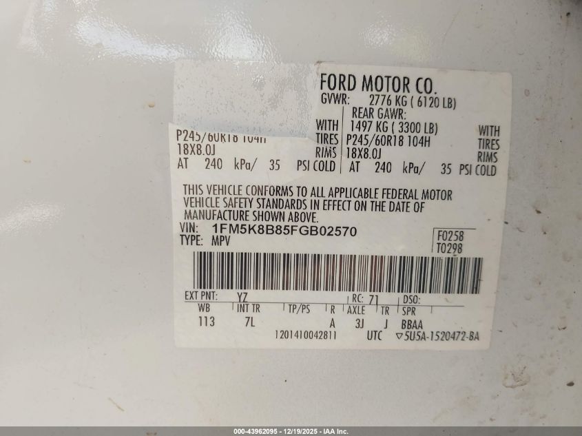 2015 Ford Explorer VIN: 1FM5K8B85FGB02570 Lot: 43962095