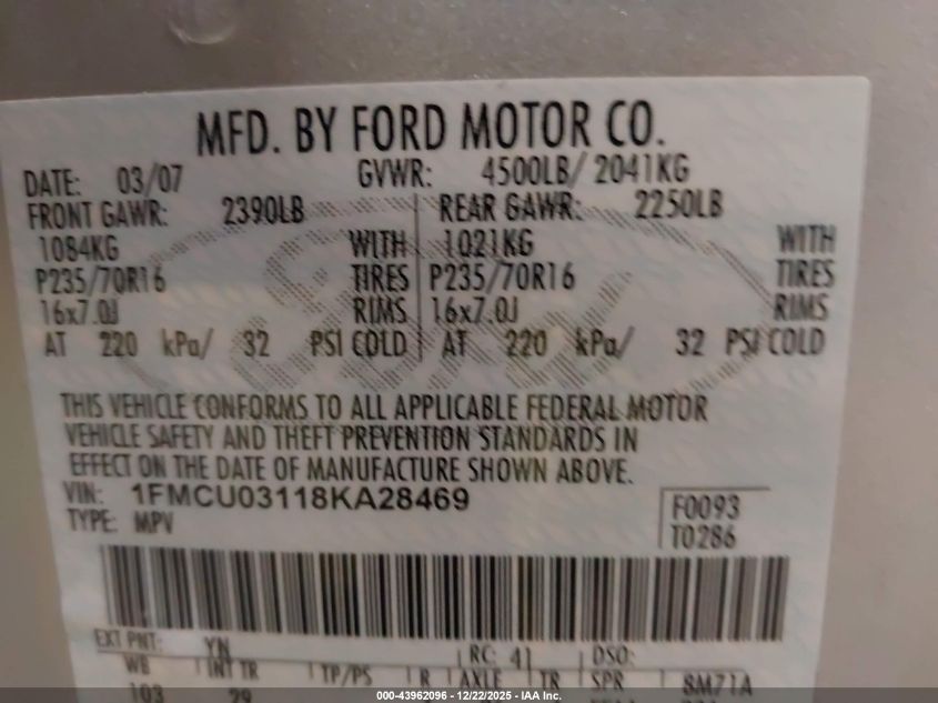 2008 Ford Escape Xlt VIN: 1FMCU03118KA28469 Lot: 43962096