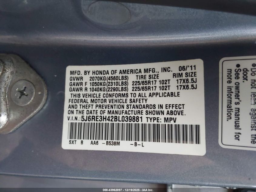 2011 Honda Cr-V Se VIN: 5J6RE3H42BL039881 Lot: 43962097