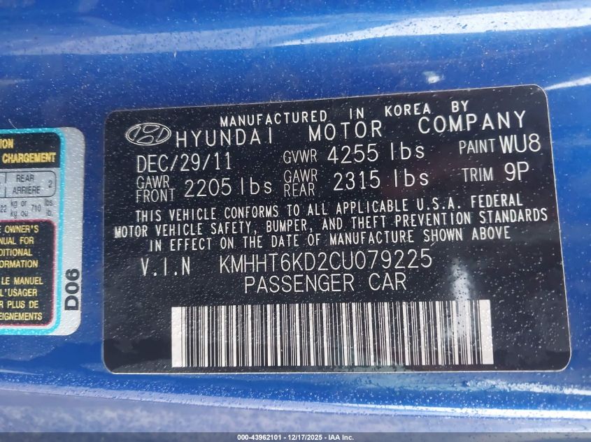 2012 Hyundai Genesis 2.0T VIN: KMHHT6KD2CU079225 Lot: 43962101