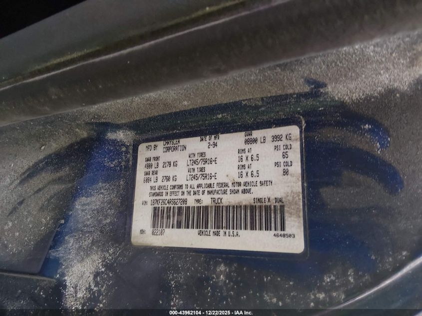 1994 Dodge Ram 2500 VIN: 1B7KF26C4RS627208 Lot: 43962104