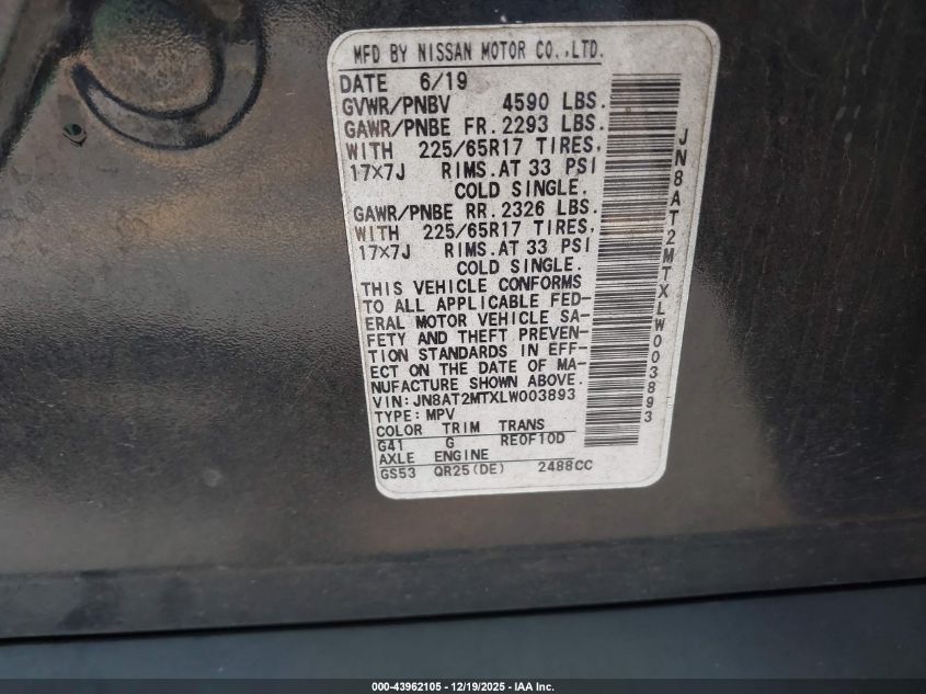 2020 Nissan Rogue Sv Fwd VIN: JN8AT2MTXLW003893 Lot: 43962105