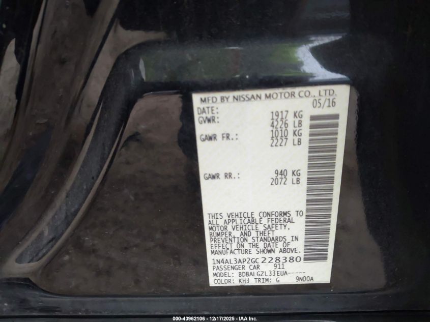 2016 Nissan Altima 2.5/2.5 S/2.5 Sl/2.5 Sr/2.5 Sv VIN: 1N4AL3AP2GC228380 Lot: 43962106