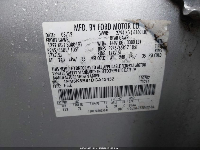 2013 Ford Explorer VIN: 1FM5K8B81DGA13432 Lot: 43962111